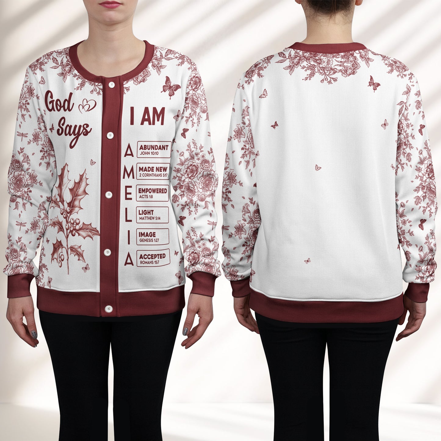 God Says I Am Name Letter In Bible Toile De Jouy Style - Personalized Crewneck Cardigan