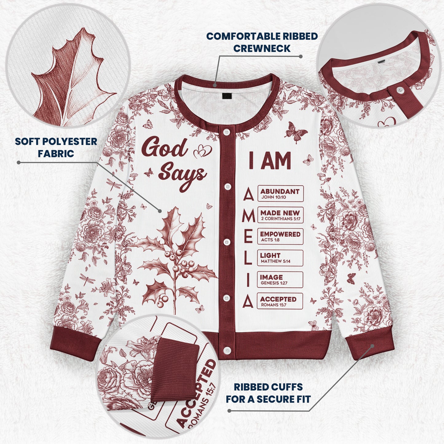 God Says I Am Name Letter In Bible Toile De Jouy Style - Personalized Crewneck Cardigan
