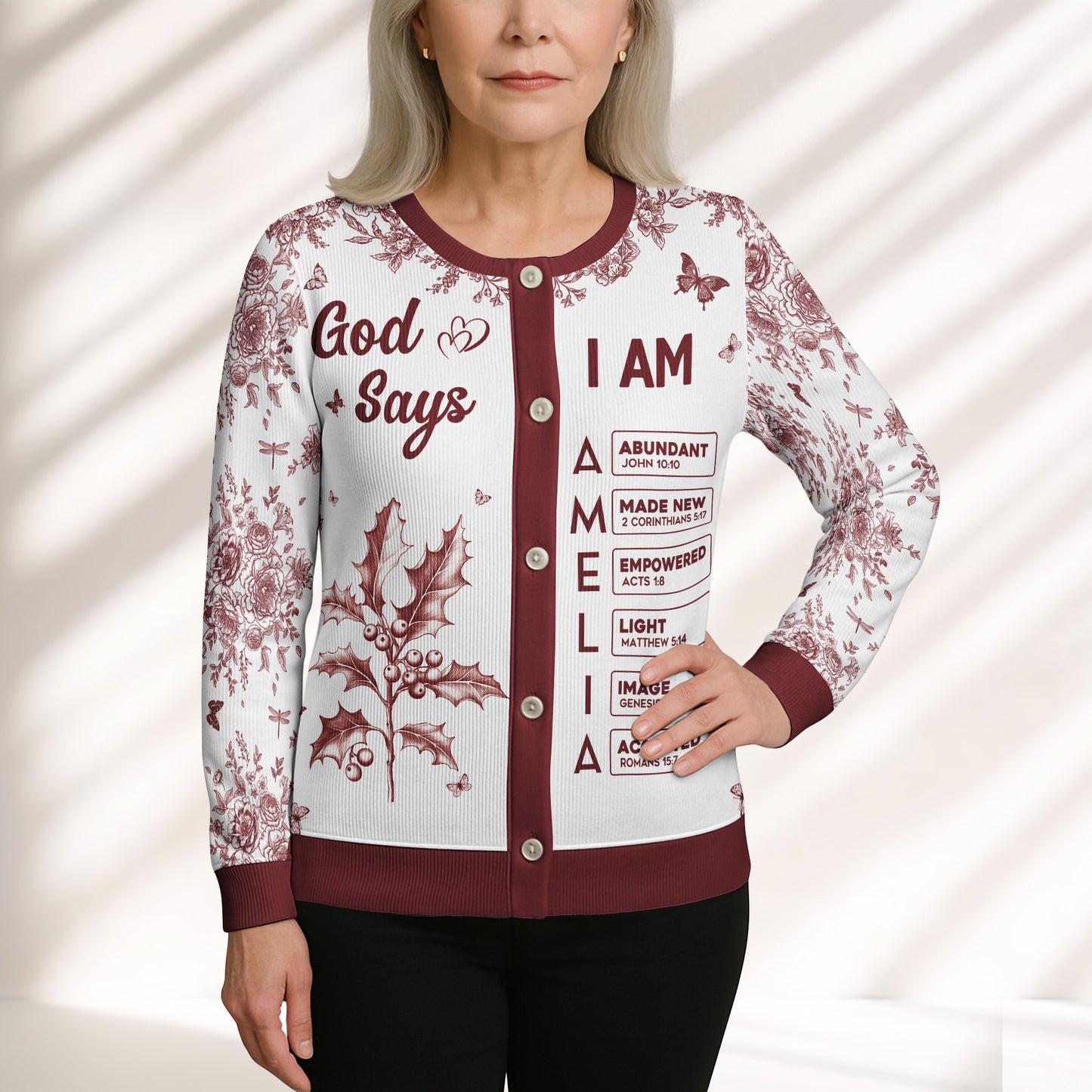 God Says I Am Name Letter In Bible Toile De Jouy Style - Personalized Crewneck Cardigan