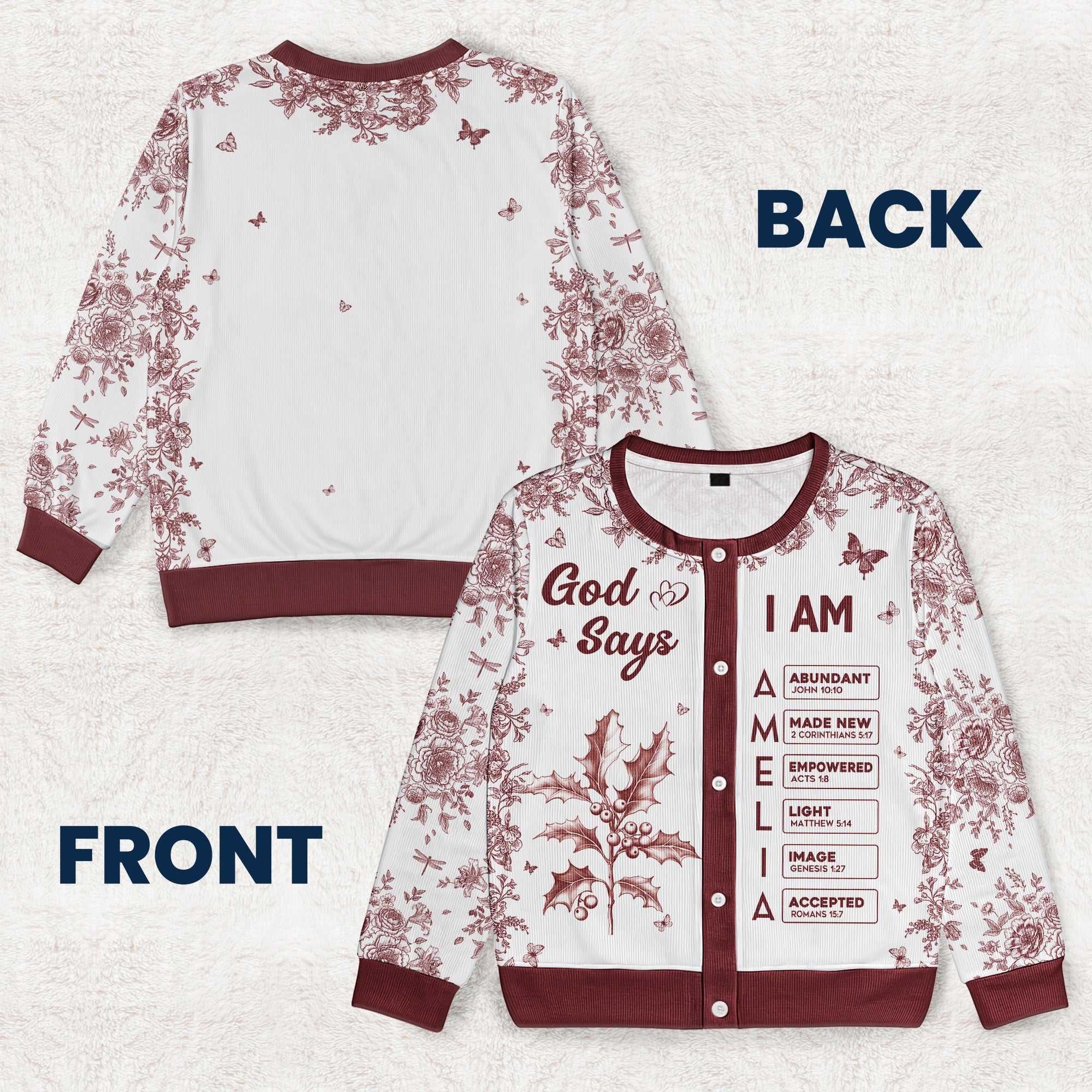 God Says I Am Name Letter In Bible Toile De Jouy Style - Personalized Crewneck Cardigan