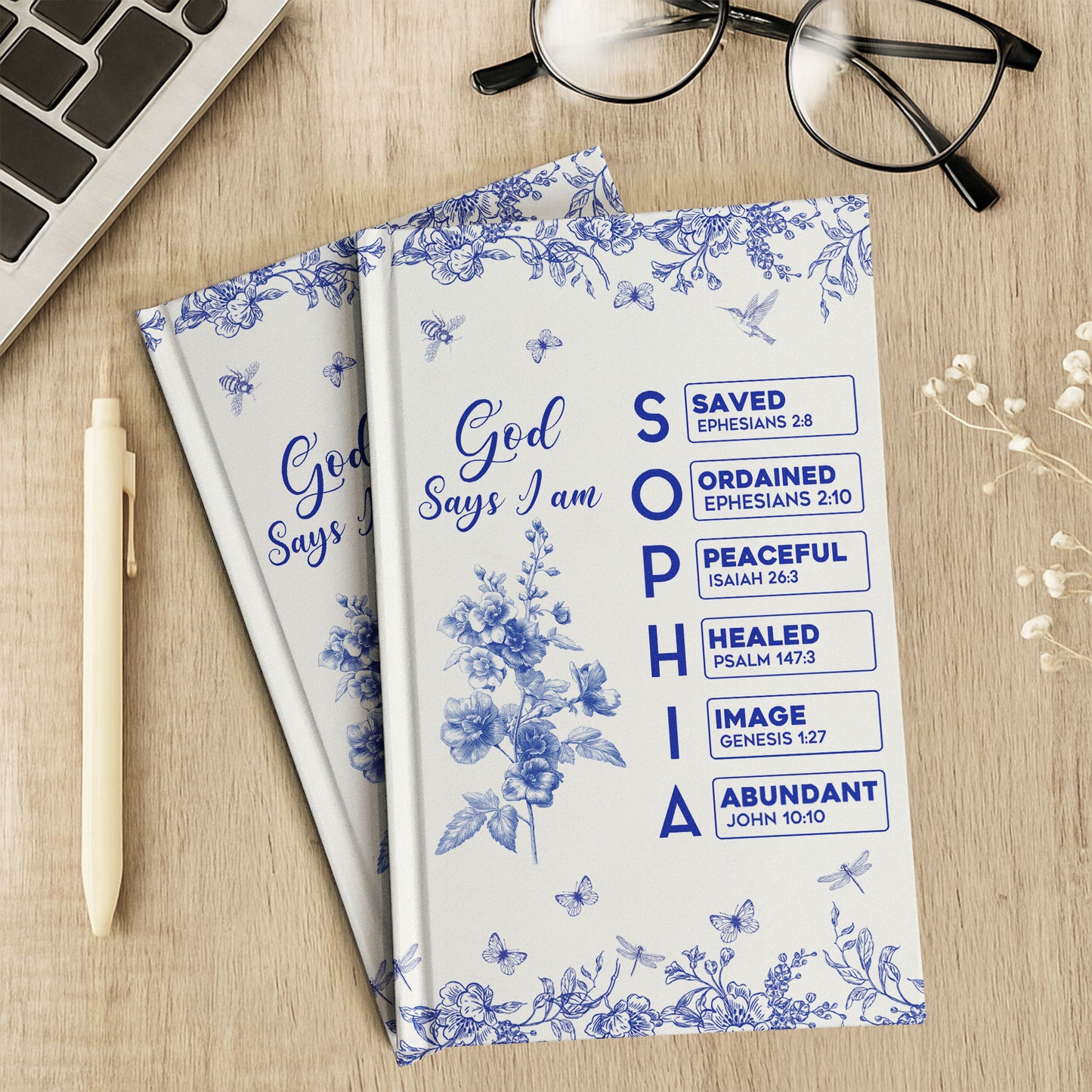 God Says I Am Name Letter In Bible Toile De Jouy Style - Personalized Hardcover Journal