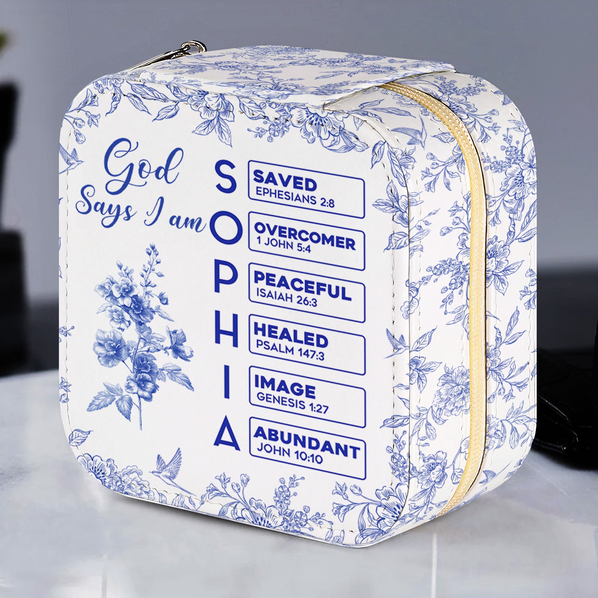 God Says I Am Name Letter In Bible Toile De Jouy Style - Personalized Jewelry Box