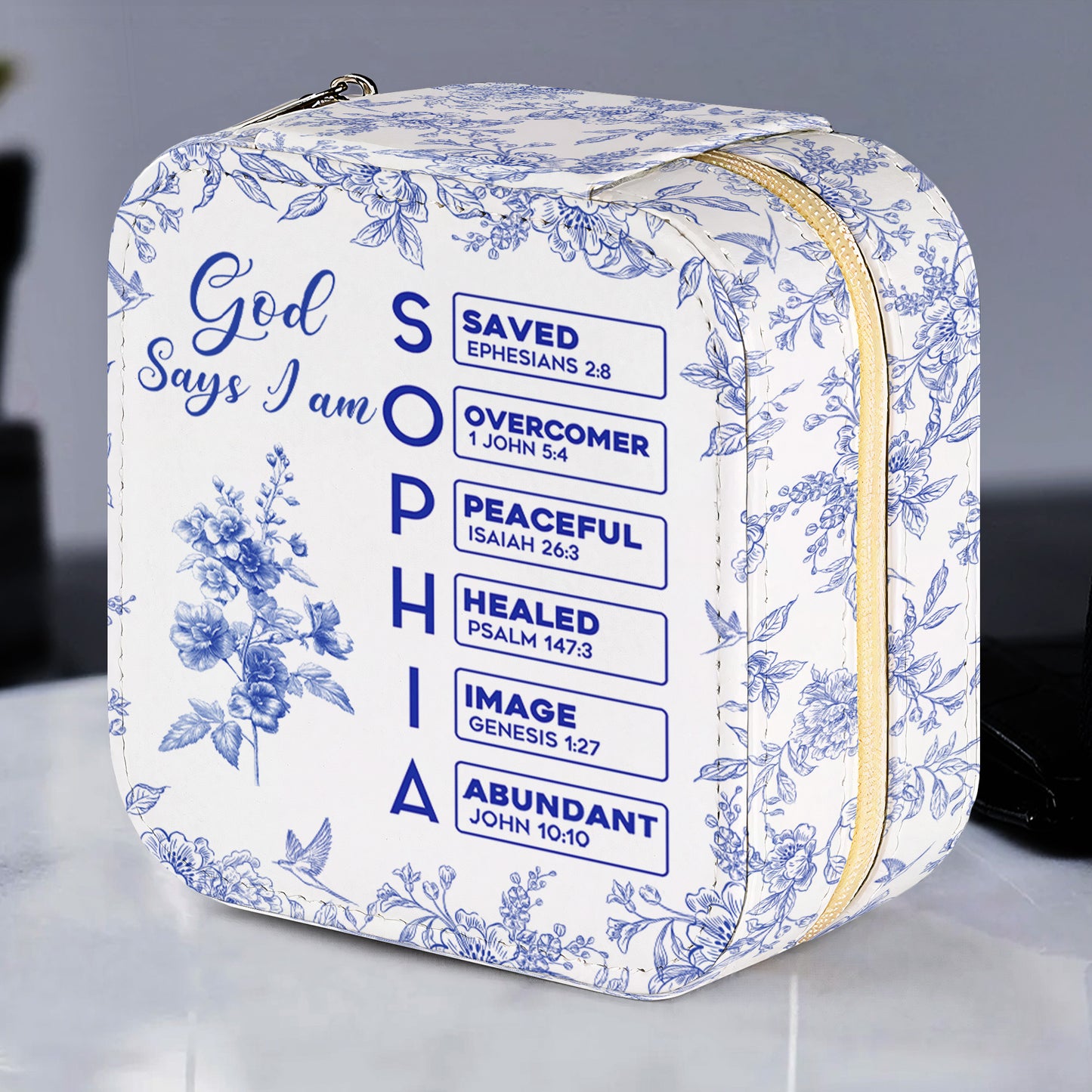 God Says I Am Name Letter In Bible Toile De Jouy Style - Personalized Jewelry Box