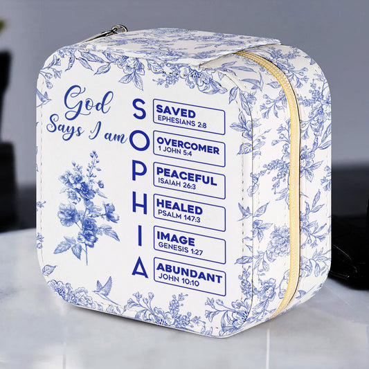 God Says I Am Name Letter In Bible Toile De Jouy Style - Personalized Jewelry Box