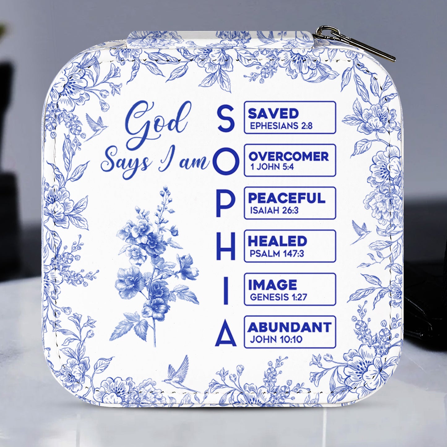 God Says I Am Name Letter In Bible Toile De Jouy Style - Personalized Jewelry Box
