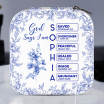 God Says I Am Name Letter In Bible Toile De Jouy Style - Personalized Jewelry Box