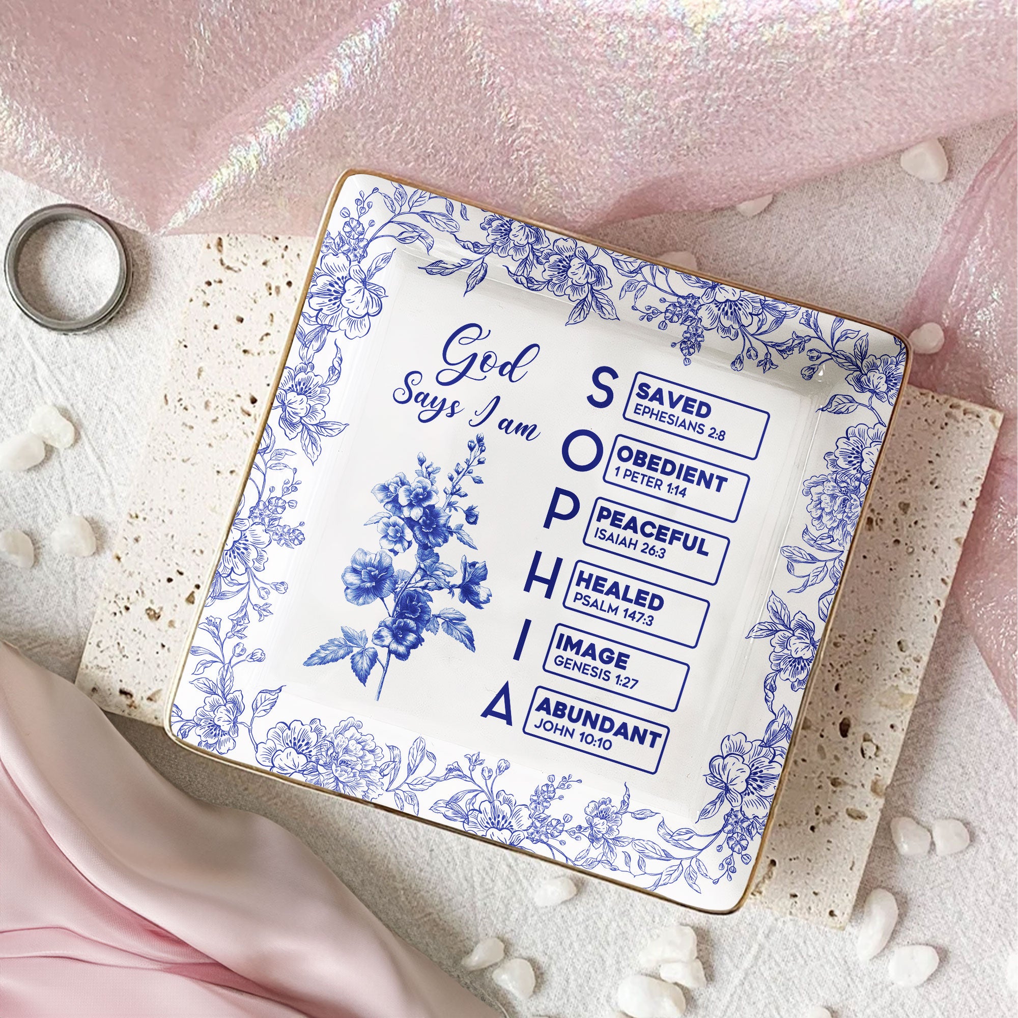 God Says I Am Name Letter In Bible Toile De Jouy Style - Personalized Jewelry Dish