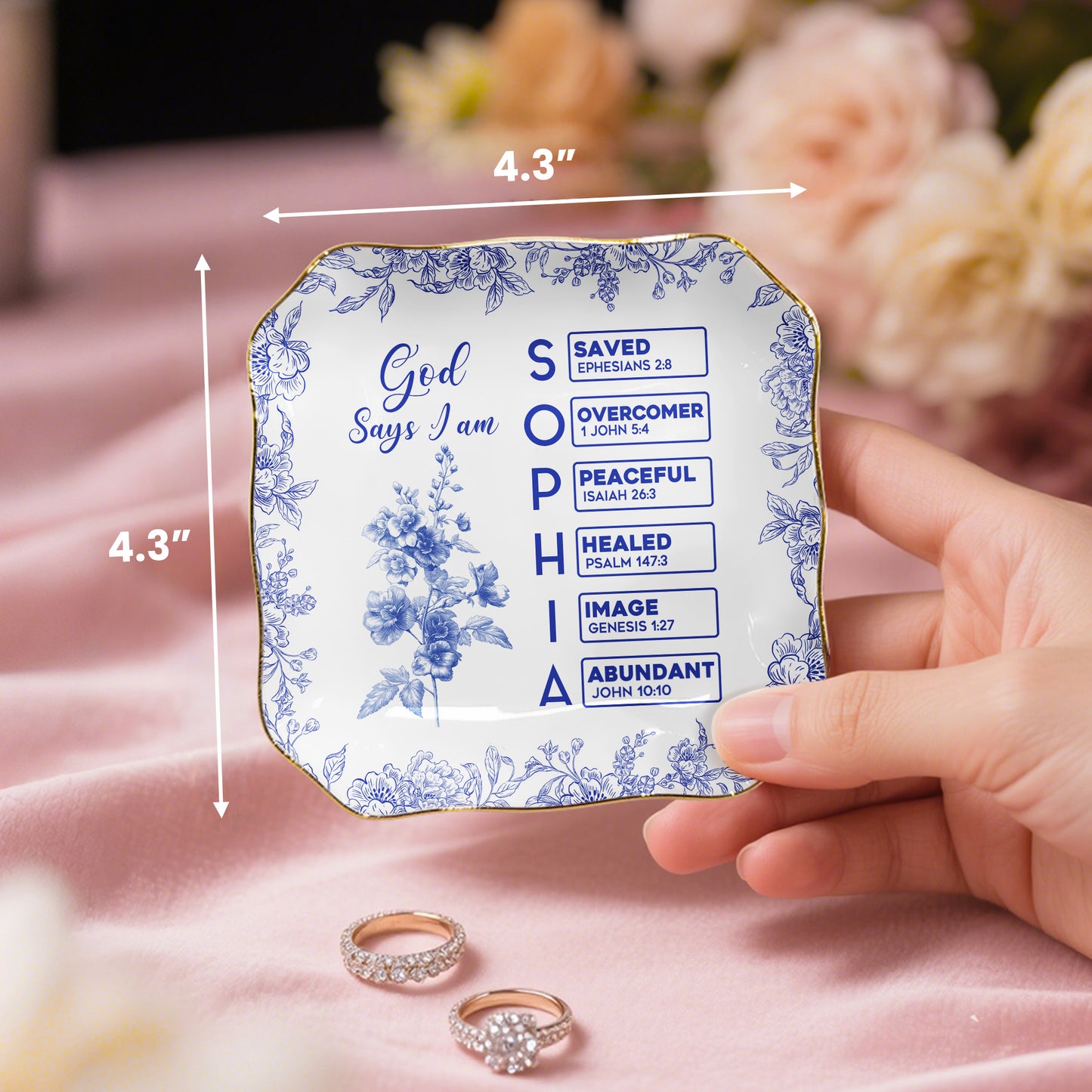 God Says I Am Name Letter In Bible Toile De Jouy Style - Personalized Jewelry Dish