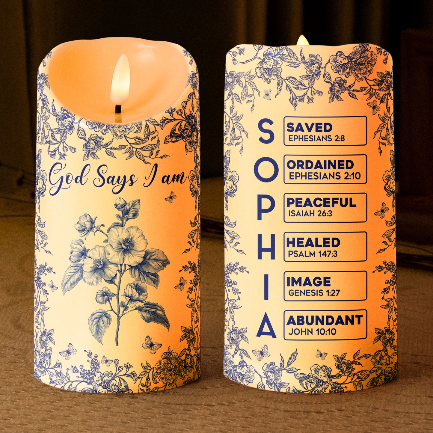 God Says I Am Name Letter In Bible Toile De Jouy Style - Personalized LED Candle