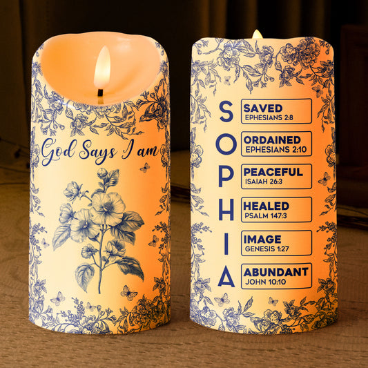 God Says I Am Name Letter In Bible Toile De Jouy Style - Personalized LED Candle