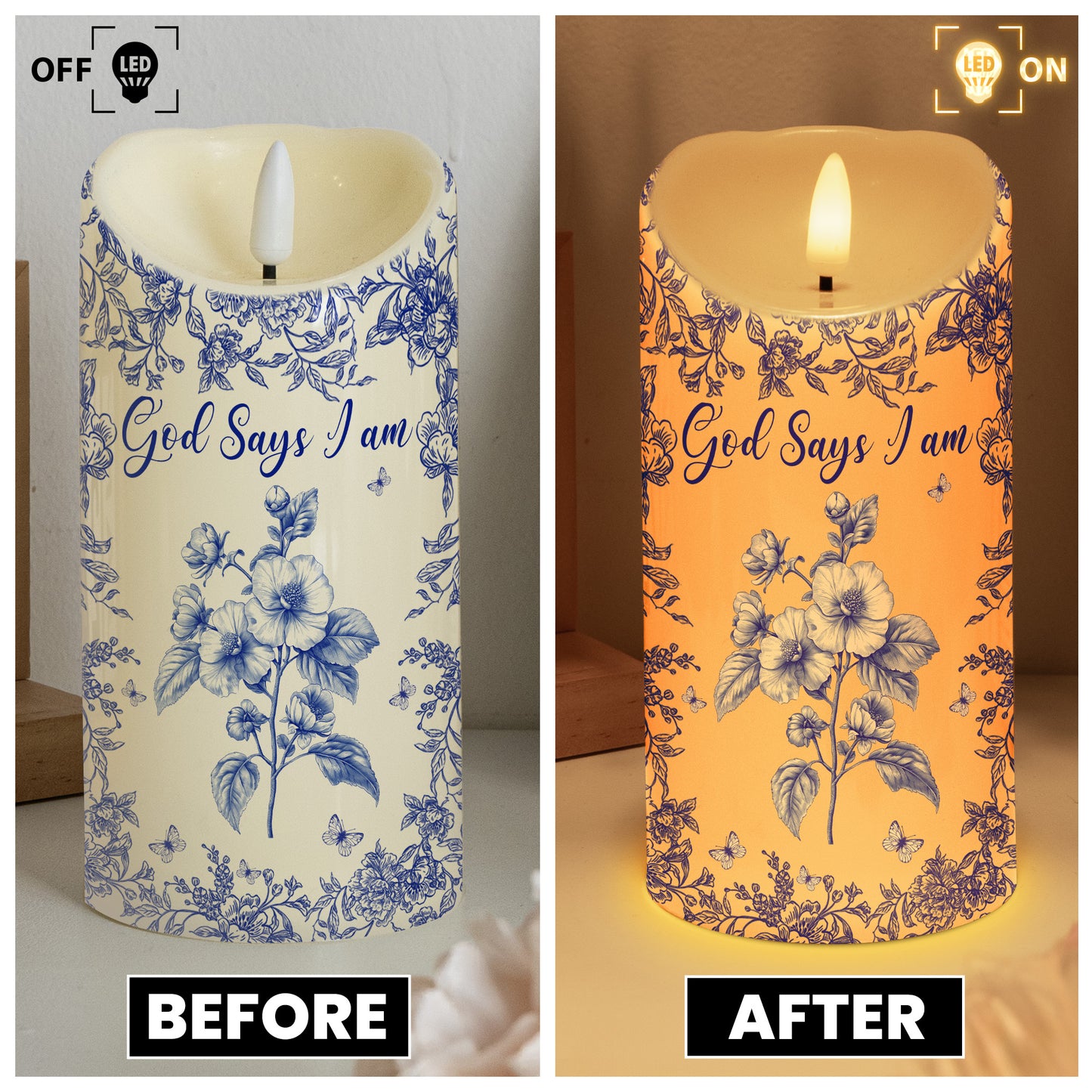 God Says I Am Name Letter In Bible Toile De Jouy Style - Personalized LED Candle