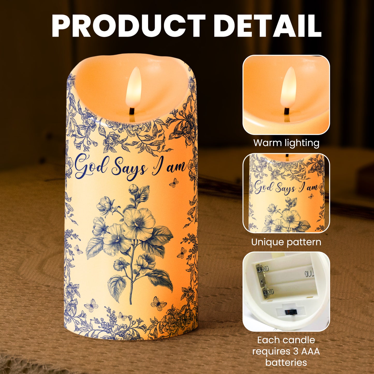 God Says I Am Name Letter In Bible Toile De Jouy Style - Personalized LED Candle