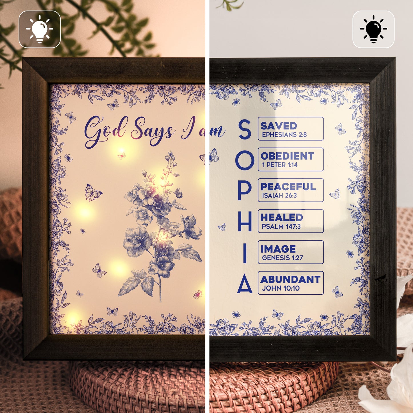 God Says I Am Name Letter In Bible Toile De Jouy Style - Personalized LED Shadow Box