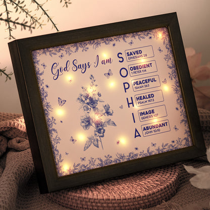 God Says I Am Name Letter In Bible Toile De Jouy Style - Personalized LED Shadow Box