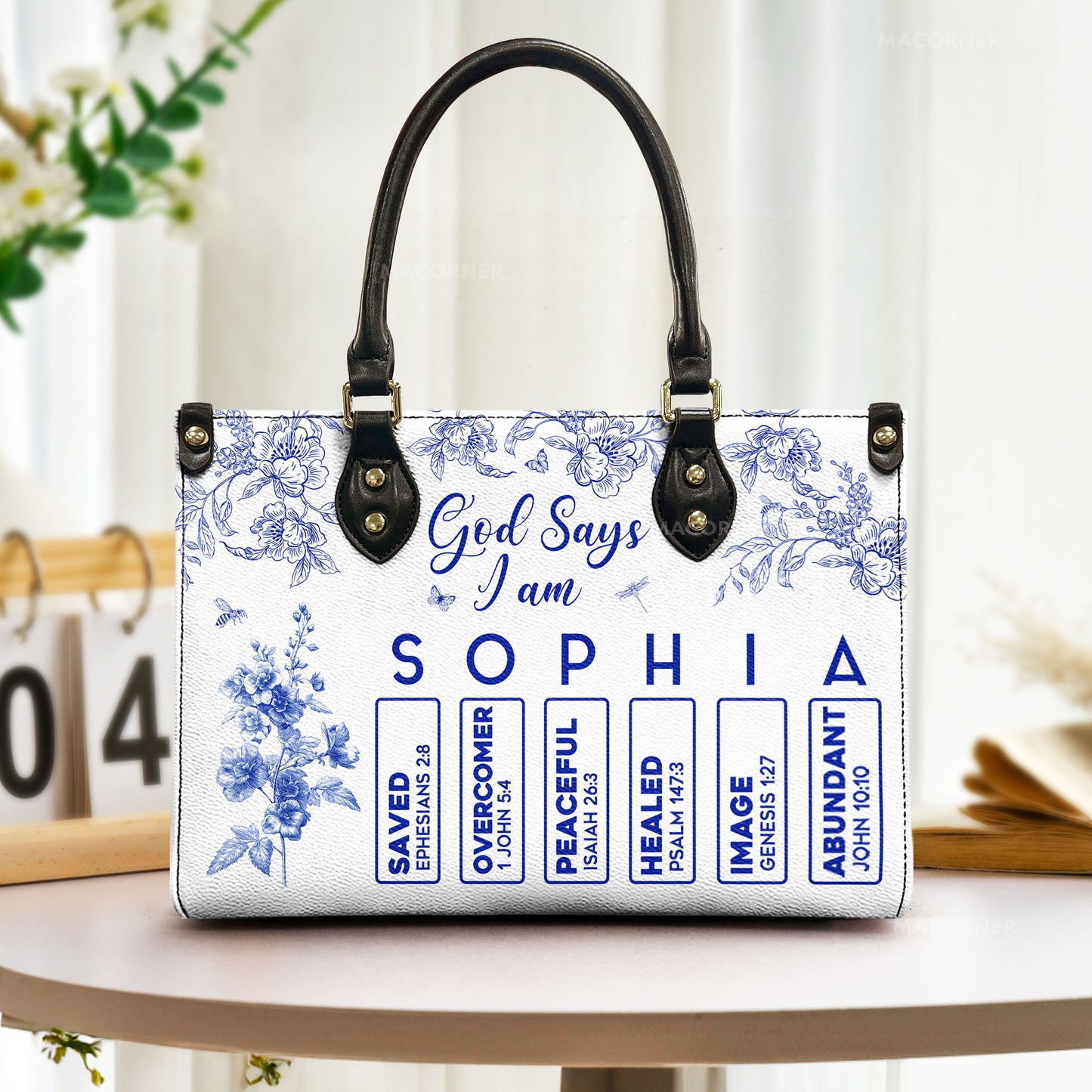 God Says I Am Name Letter In Bible Toile De Jouy Style - Personalized Leather Bag