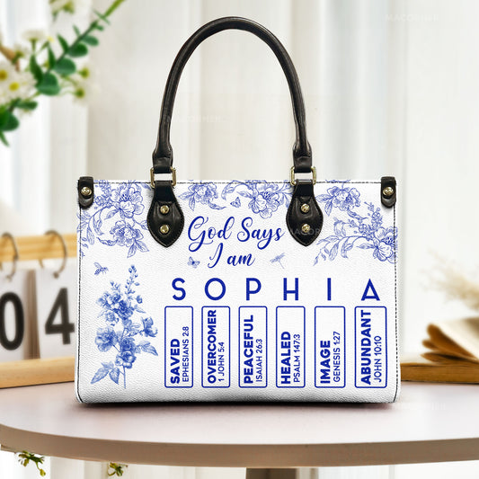 God Says I Am Name Letter In Bible Toile De Jouy Style - Personalized Leather Bag