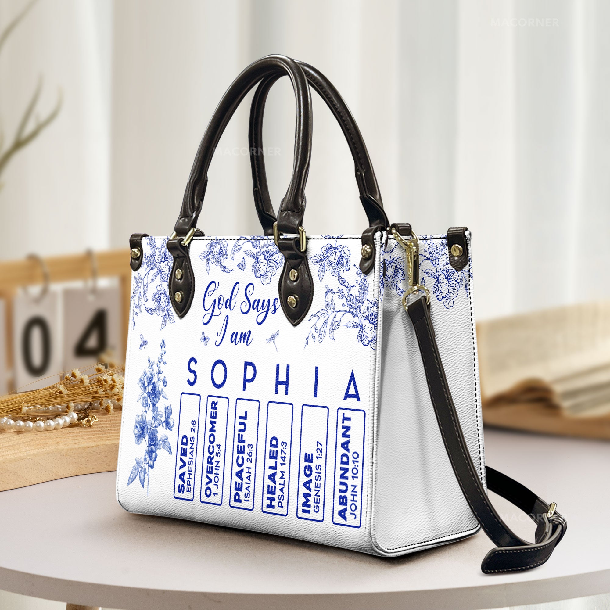 God Says I Am Name Letter In Bible Toile De Jouy Style - Personalized Leather Bag