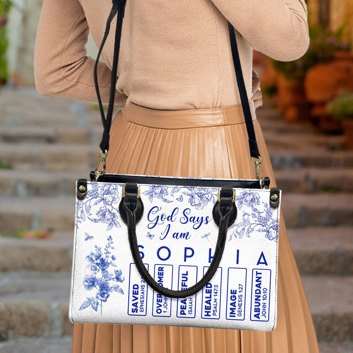 God Says I Am Name Letter In Bible Toile De Jouy Style - Personalized Leather Bag