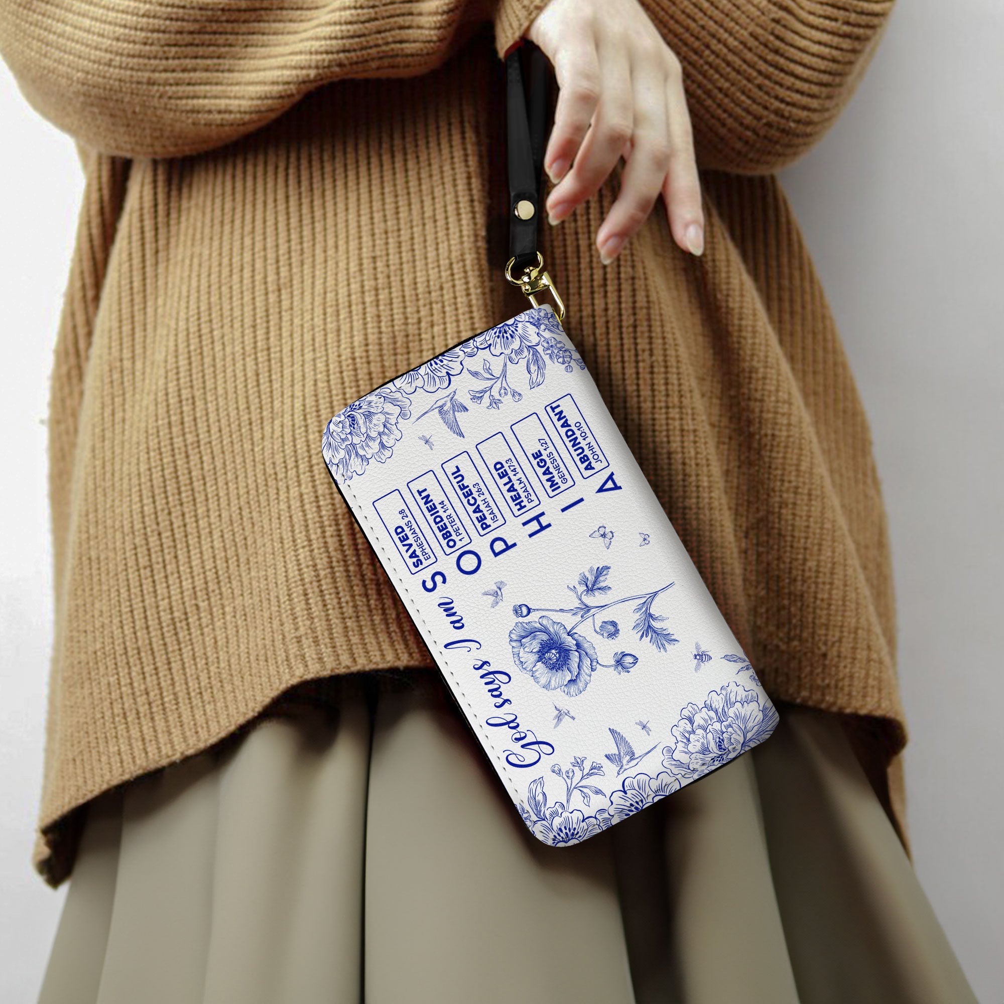 God Says I Am Name Letter In Bible Toile De Jouy Style - Personalized Leather Wallet