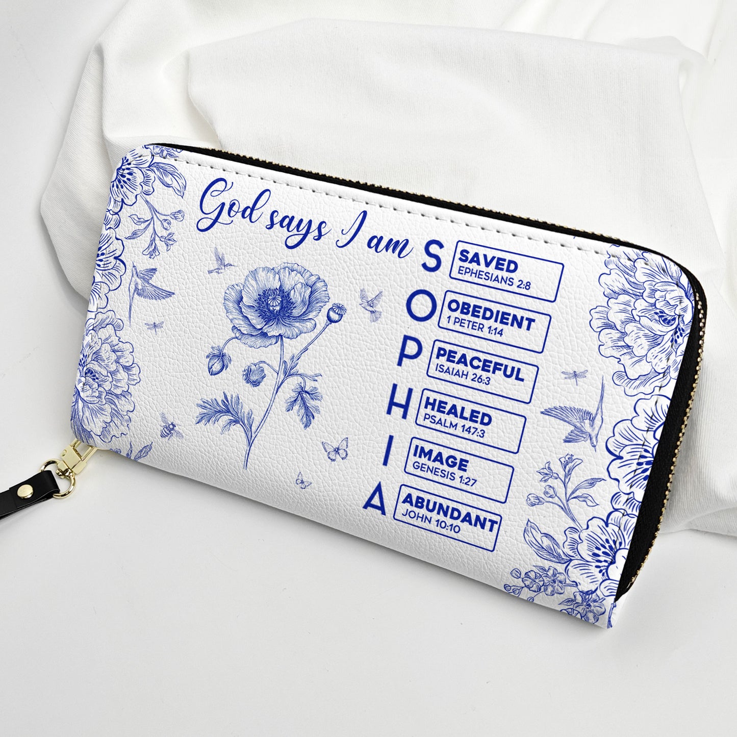 God Says I Am Name Letter In Bible Toile De Jouy Style - Personalized Leather Wallet