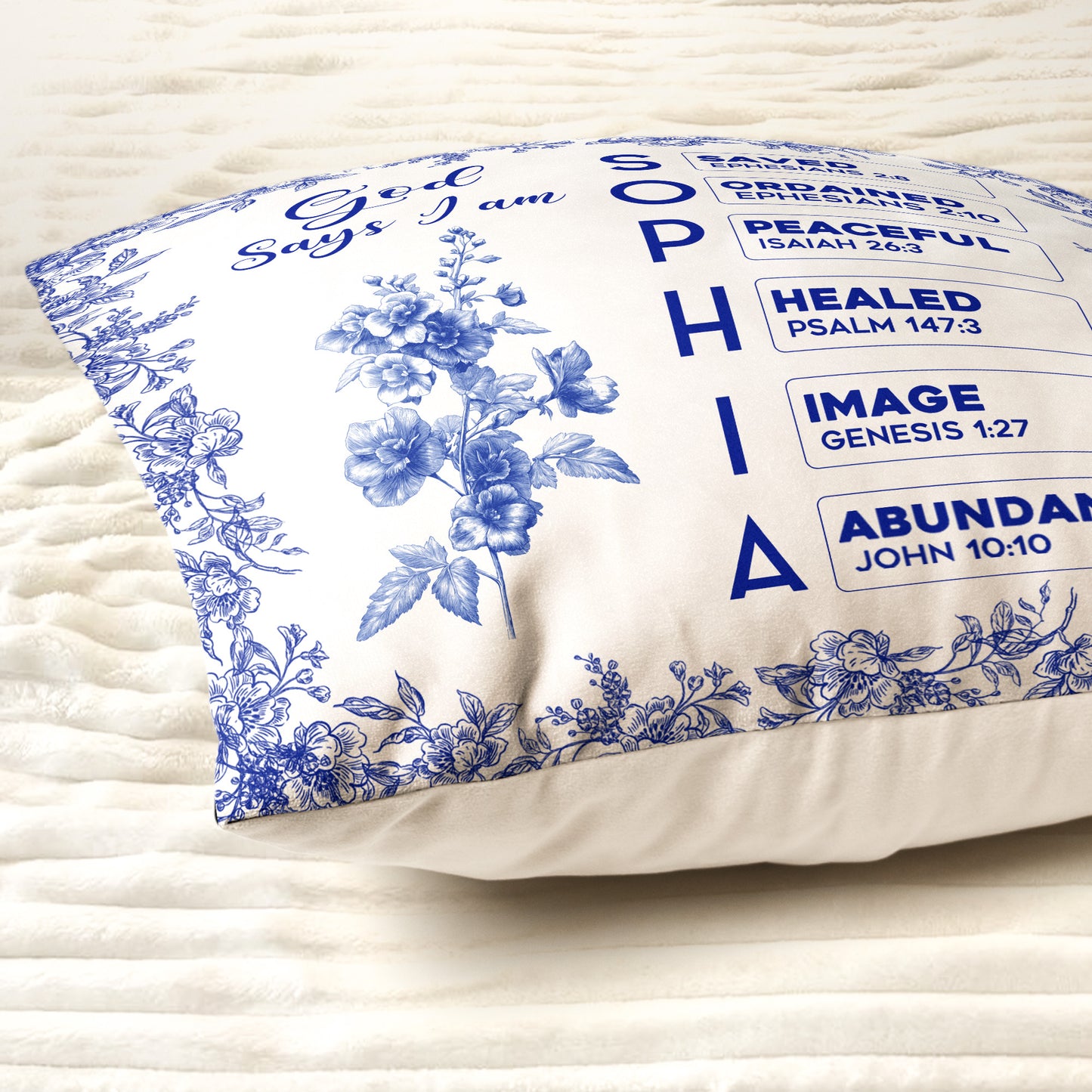 God Says I Am Name Letter In Bible Toile De Jouy Style - Personalized Pillow