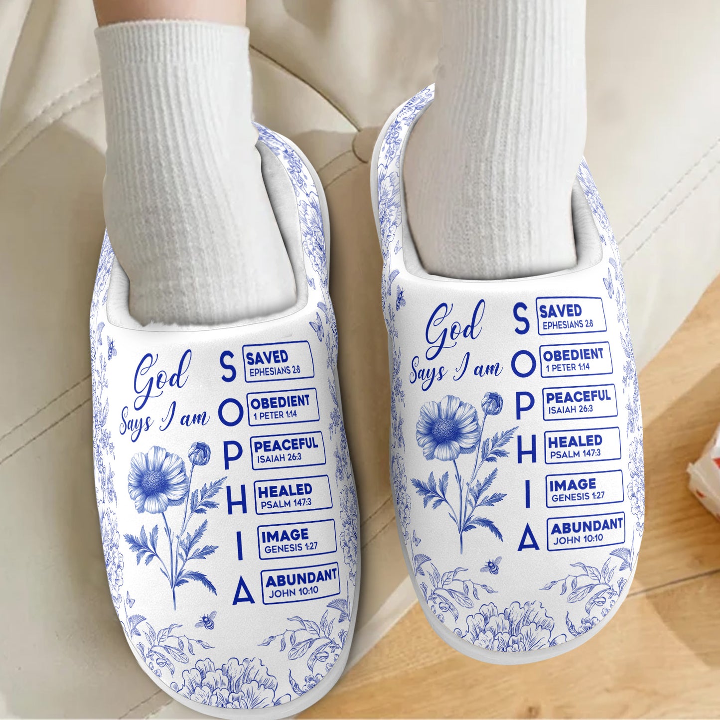 God Says I Am Name Letter In Bible Toile De Jouy Style - Personalized Slippers