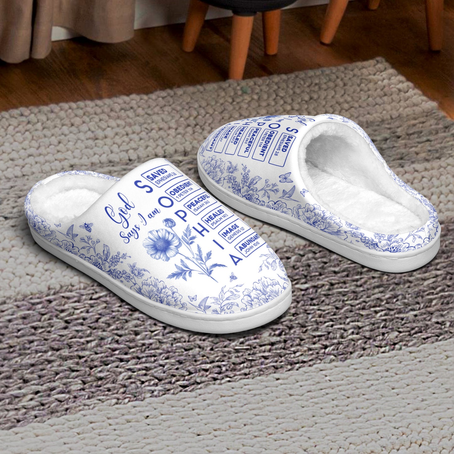 God Says I Am Name Letter In Bible Toile De Jouy Style - Personalized Slippers