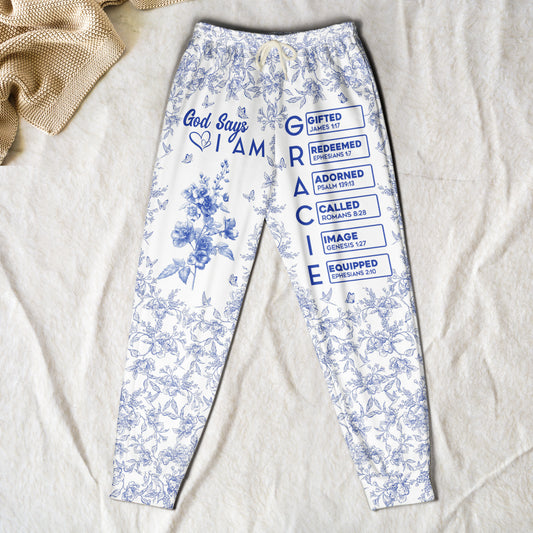 God Says I Am Name Letter In Bible Toile De Jouy Style - Personalized Sweatpants