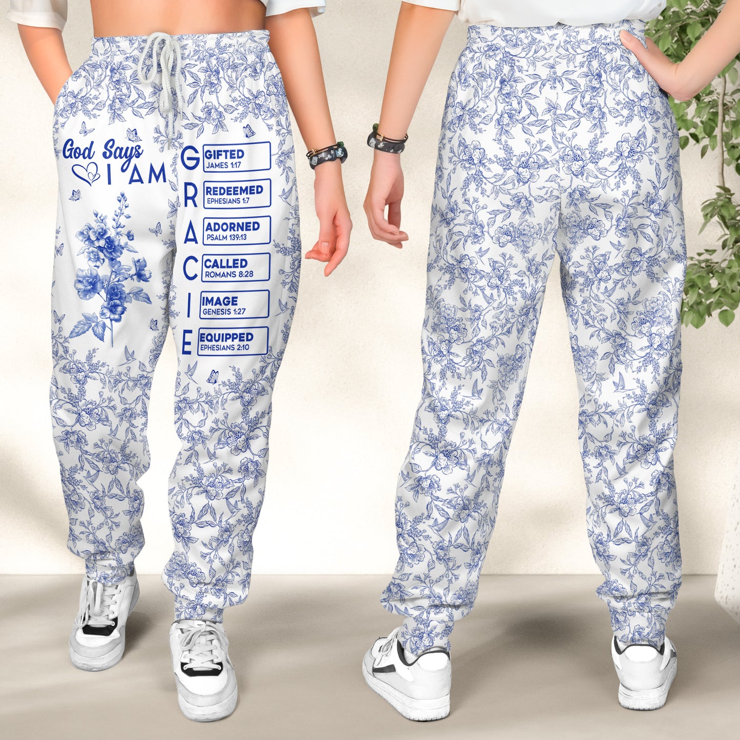 God Says I Am Name Letter In Bible Toile De Jouy Style - Personalized Sweatpants