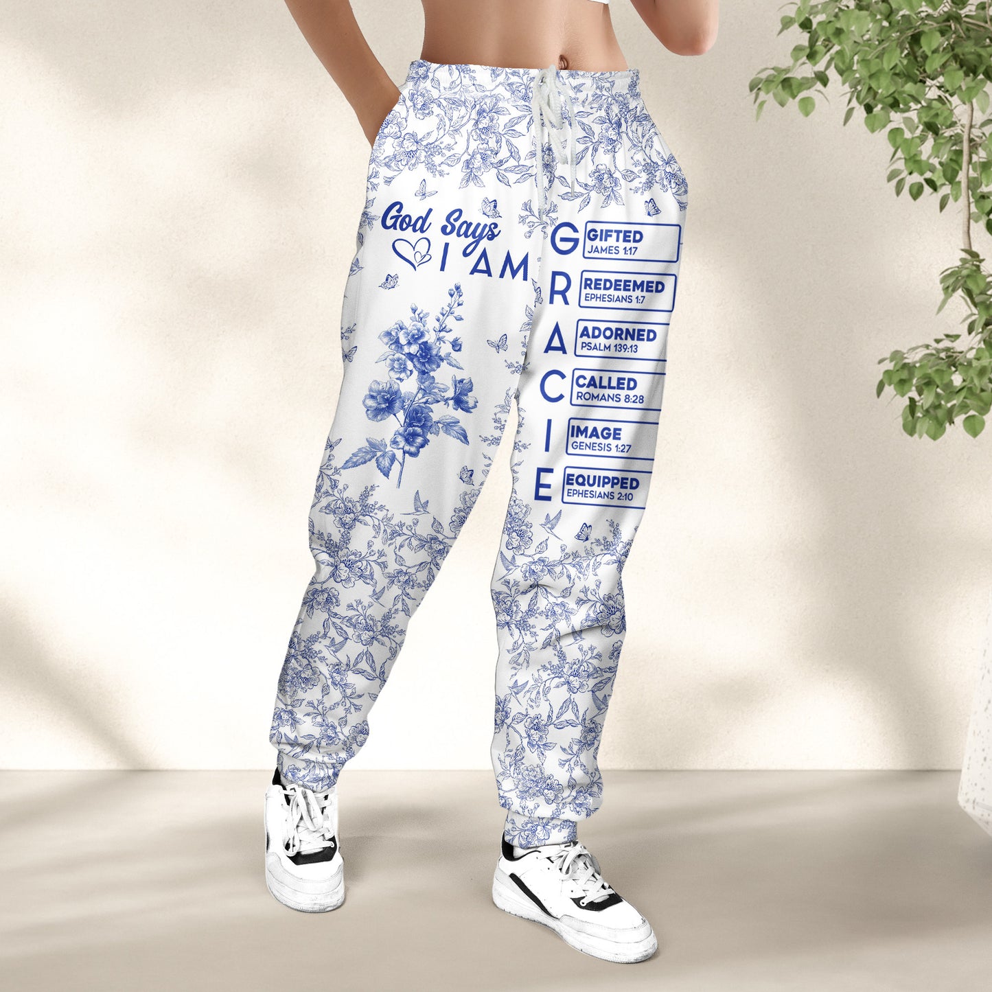 God Says I Am Name Letter In Bible Toile De Jouy Style - Personalized Sweatpants