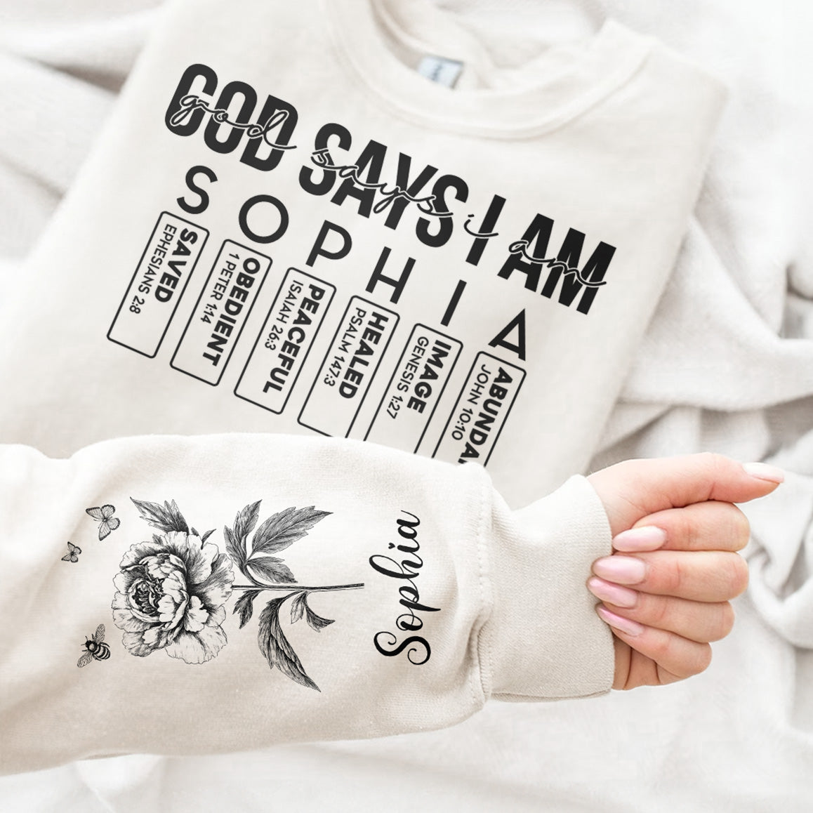 God Says I Am Name Letter In Bible Toile De Jouy Style - Personalized Sweatshirt