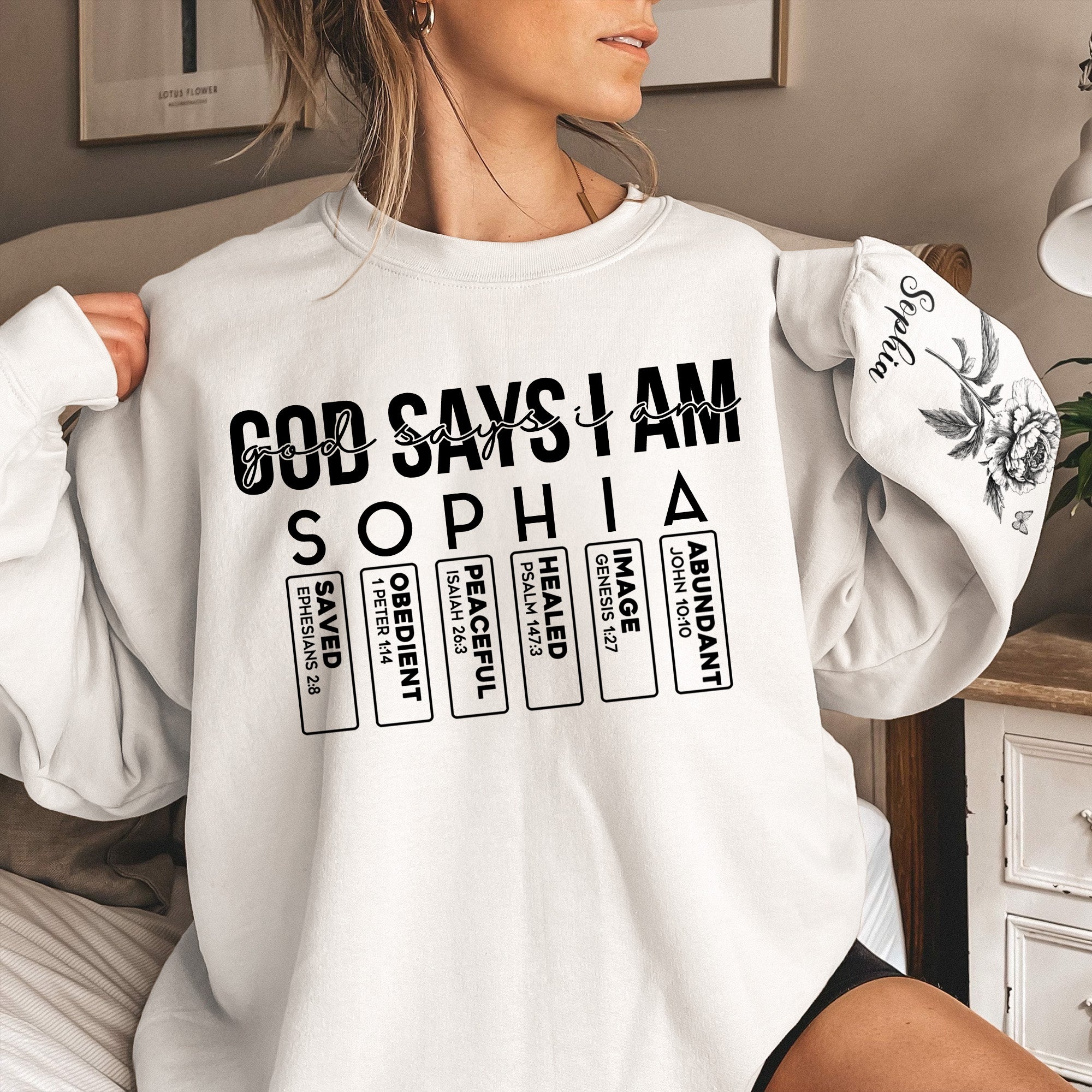 God Says I Am Name Letter In Bible Toile De Jouy Style - Personalized Sweatshirt