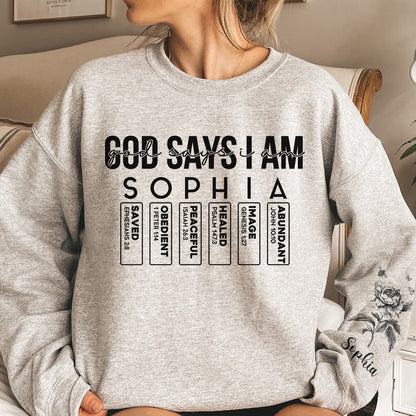 God Says I Am Name Letter In Bible Toile De Jouy Style - Personalized Sweatshirt