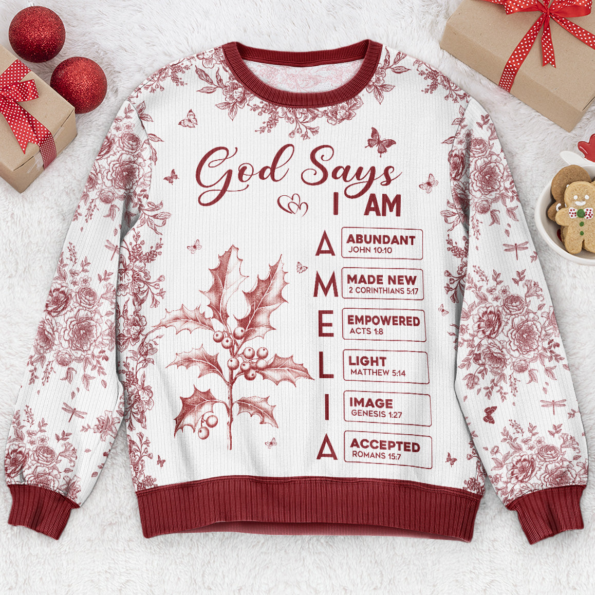 God Says I Am Name Letter In Bible Toile De Jouy Style - Personalized Ugly Sweater