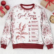 God Says I Am Name Letter In Bible Toile De Jouy Style - Personalized Ugly Sweater