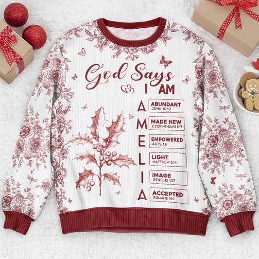 God Says I Am Name Letter In Bible Toile De Jouy Style - Personalized Ugly Sweater