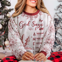 God Says I Am Name Letter In Bible Toile De Jouy Style - Personalized Ugly Sweater