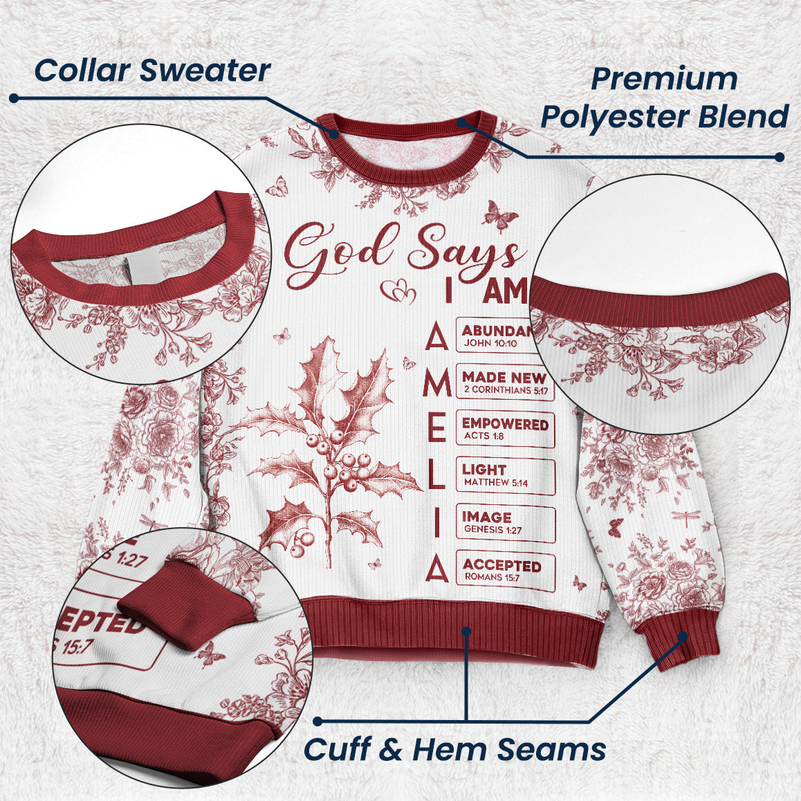 God Says I Am Name Letter In Bible Toile De Jouy Style - Personalized Ugly Sweater