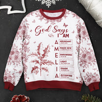 God Says I Am Name Letter In Bible Toile De Jouy Style - Personalized Ugly Sweater