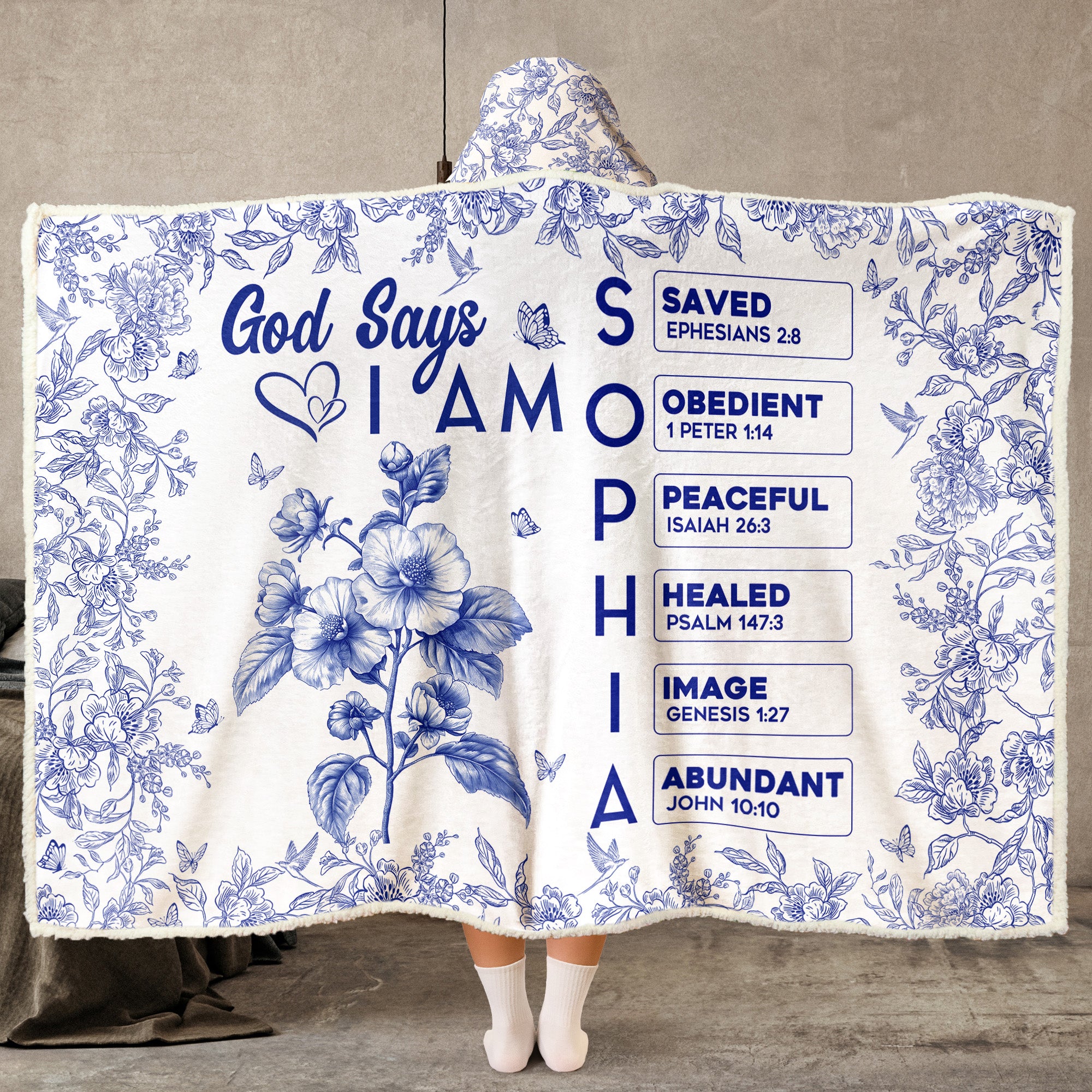 God Says I Am Name Letter In Bible Toile De Jouy Style - Personalized Wearable Blanket Hoodie