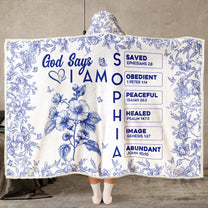 God Says I Am Name Letter In Bible Toile De Jouy Style - Personalized Wearable Blanket Hoodie