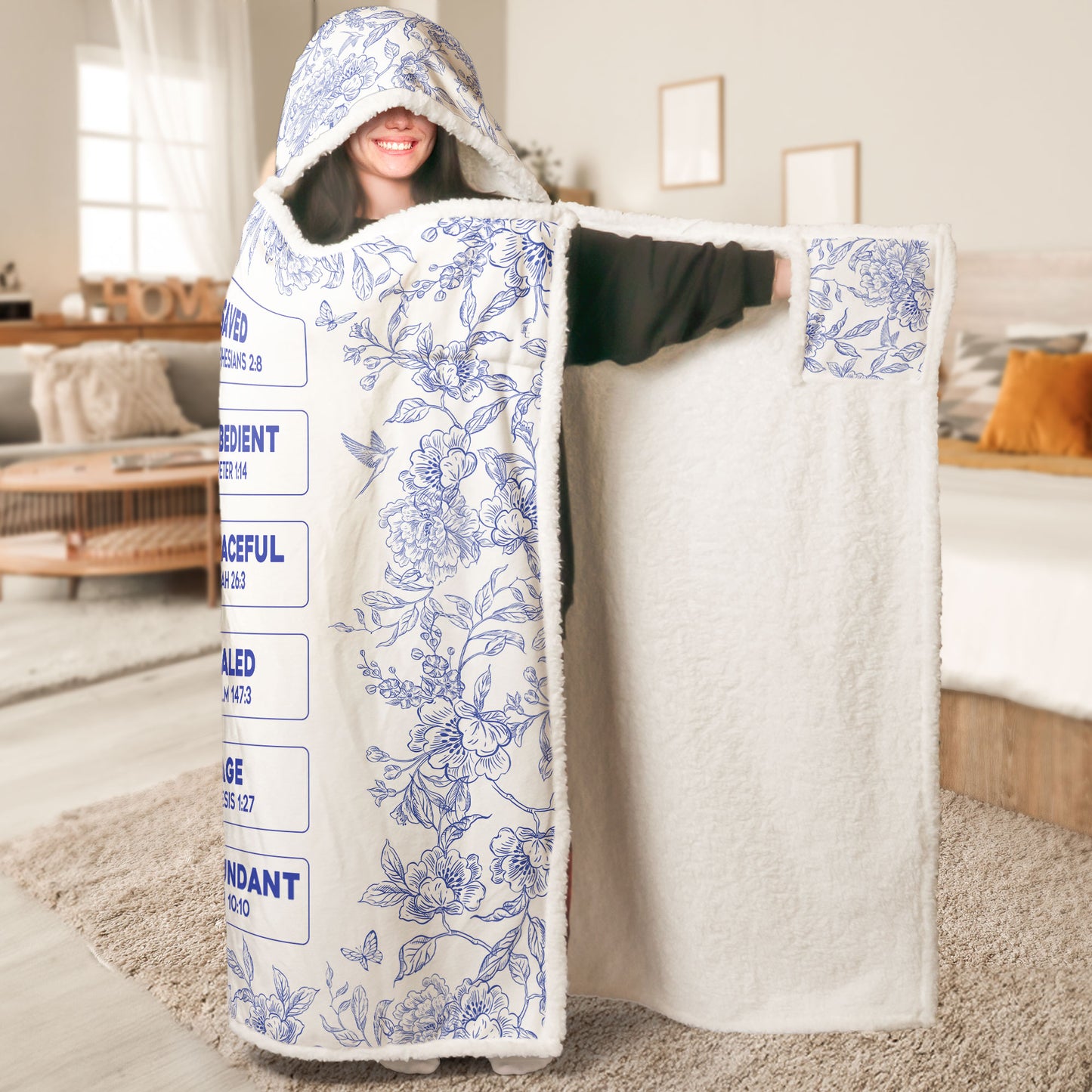 God Says I Am Name Letter In Bible Toile De Jouy Style - Personalized Wearable Blanket Hoodie