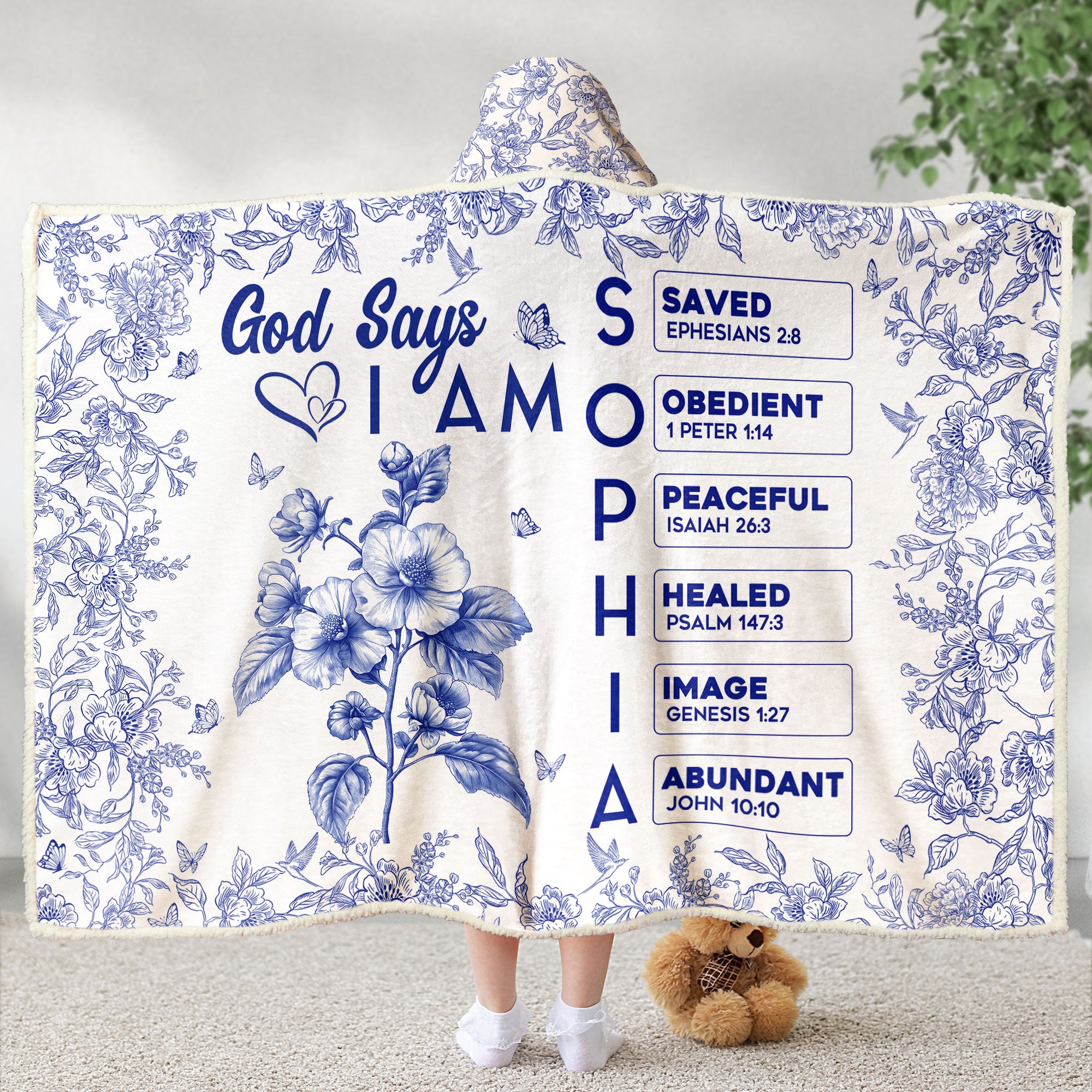 God Says I Am Name Letter In Bible Toile De Jouy Style - Personalized Wearable Blanket Hoodie
