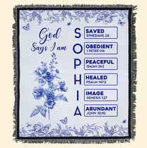 God Says I Am Name Letter In Bible Toile De Jouy Style - Personalized Woven Blanket