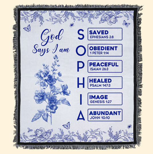 God Says I Am Name Letter In Bible Toile De Jouy Style - Personalized Woven Blanket