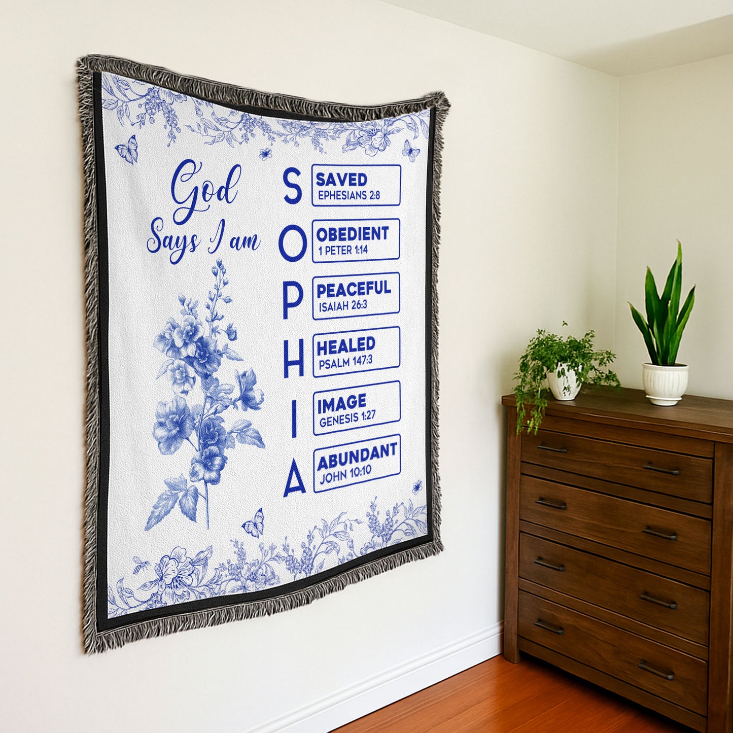 God Says I Am Name Letter In Bible Toile De Jouy Style - Personalized Woven Blanket