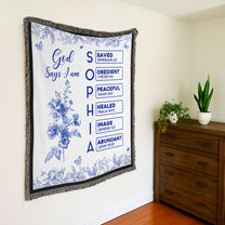 God Says I Am Name Letter In Bible Toile De Jouy Style - Personalized Woven Blanket