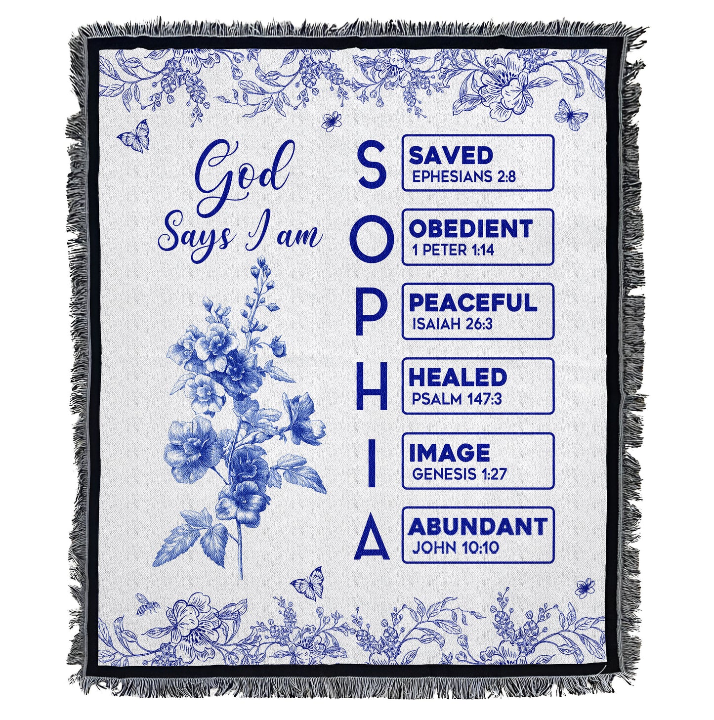 God Says I Am Name Letter In Bible Toile De Jouy Style - Personalized Woven Blanket