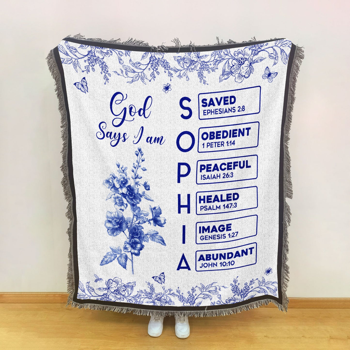 God Says I Am Name Letter In Bible Toile De Jouy Style - Personalized Woven Blanket