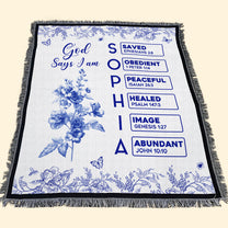 God Says I Am Name Letter In Bible Toile De Jouy Style - Personalized Woven Blanket
